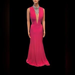 Jovani Pink Embellished Bodycon Dress Mock Neck Sleeveless open back size 4